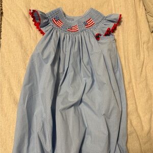 Stitchy Fish Blue Gingham Dress with Red and White Accents